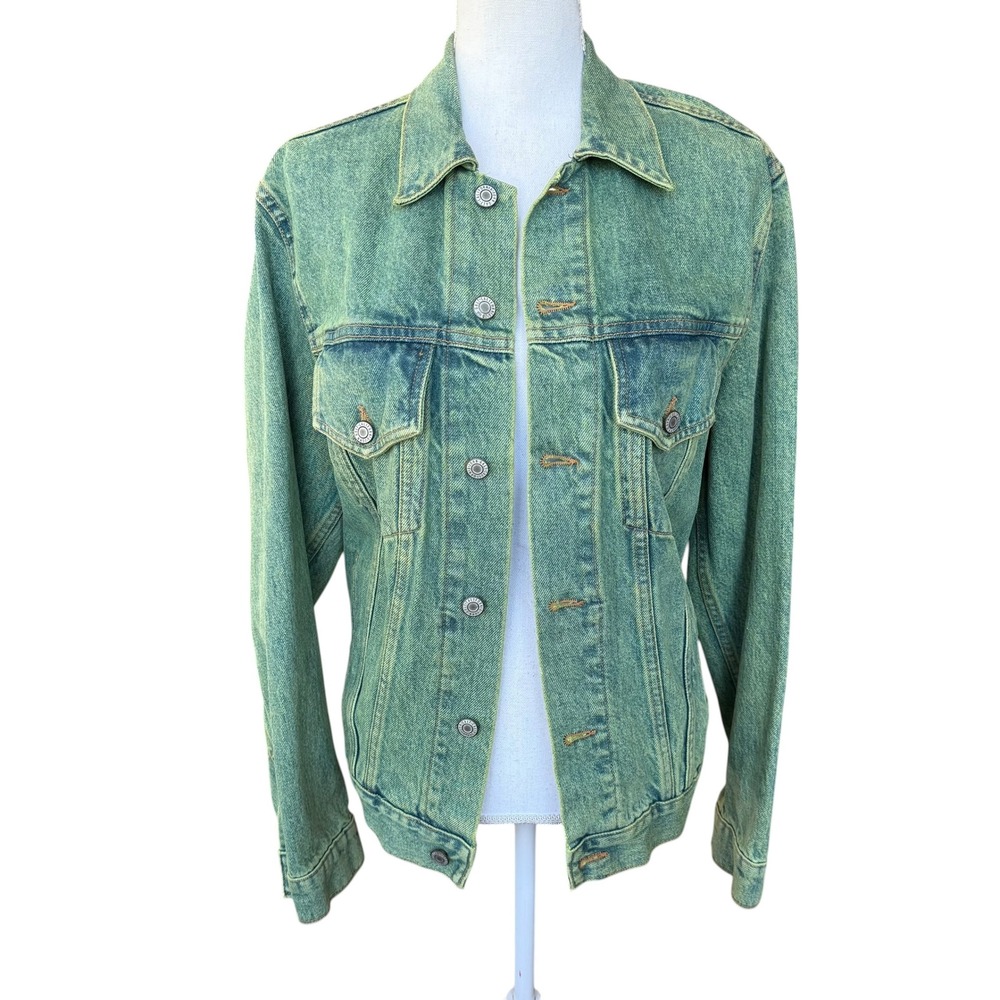 John Galt Brandy Melville Green Acid Wash Denim Trucker Jacket Womens Small